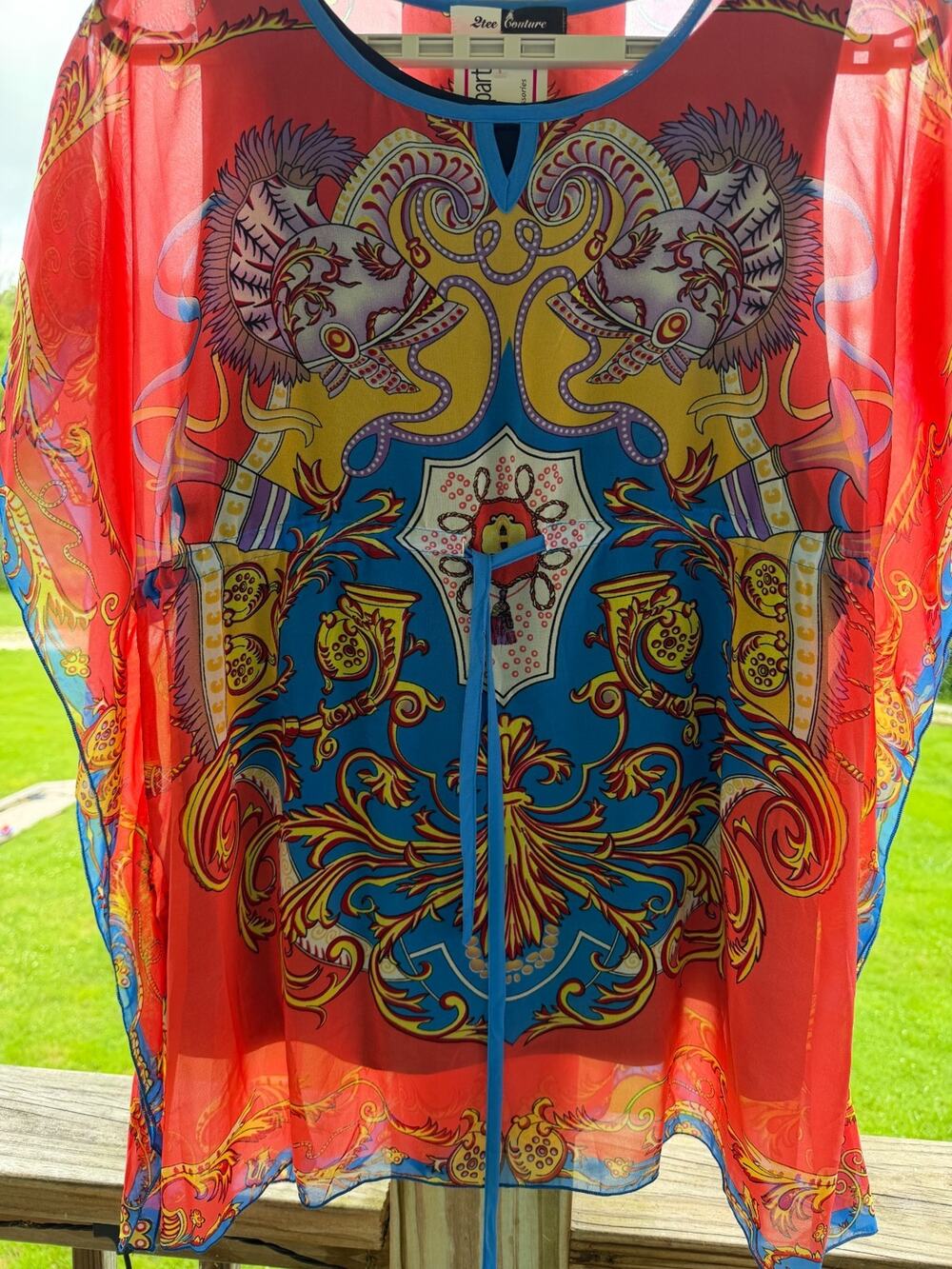Artistic Resort NWT Sheer 2tee Couture Coral Baroque Paisley Caftan Tunic Size L